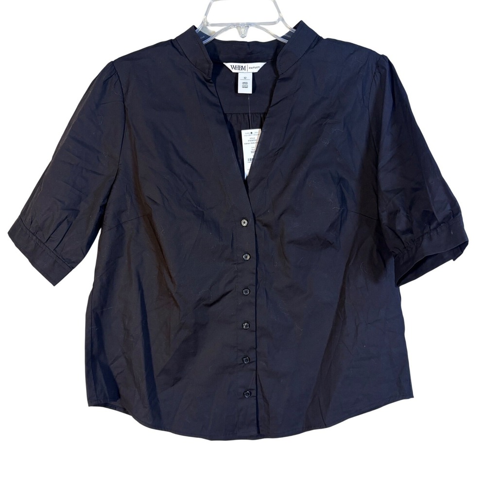 WHBM Button Front Blouse Womens 12 Black New Short Sleeve Poplin Split Neck Top‎